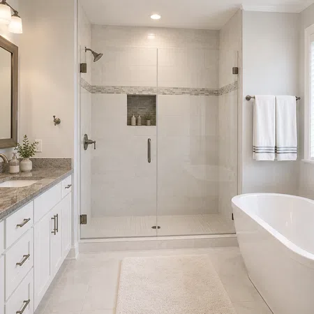 Modern bathroom with white vanity, granite countertop, glass shower, freestanding tub, and natural lighting.