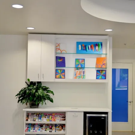 White cabinet with colorful artwork, green plant, magazine rack, and black mini fridge in a modern room.