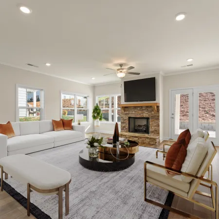 a living room with a fireplace