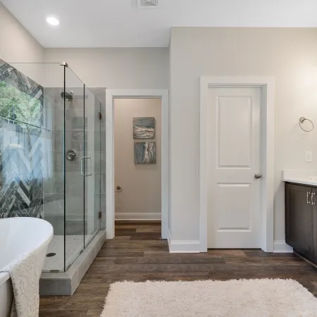 a bathroom with a glass shower