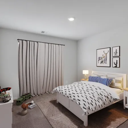 Cozy modern bedroom featuring a bed, artwork, and soft lighting in a neutral palette.