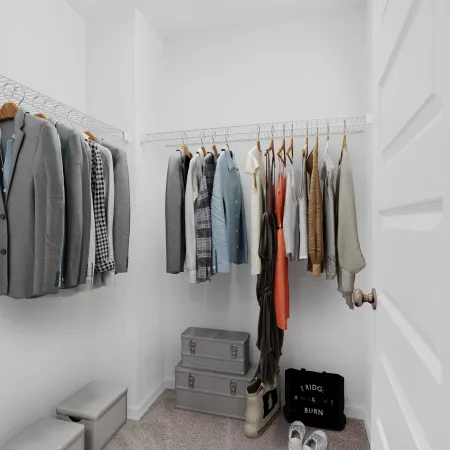 Organized closet featuring suits, dresses, storage bins, and a stylish black duffel bag on plush carpet.