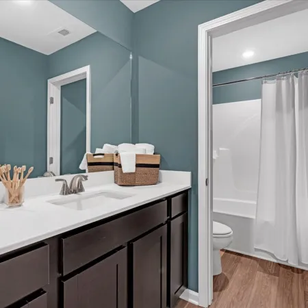 a bathroom with a tub sink and toilet
