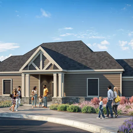Modern single-story house with gable roof, landscaped garden, and families walking around under blue sky.