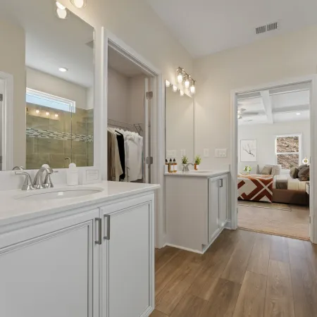 a bathroom with a large mirror