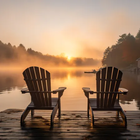 Two wooden chairs on a dock overlooking a misty lake at sunrise surrounded by trees and a cabin.