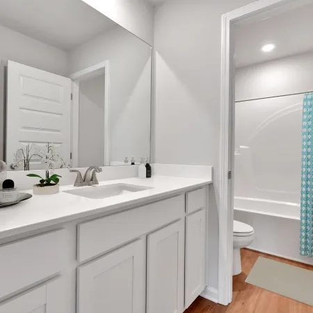 Modern bathroom with white cabinetry, blue shower curtain, sink, and natural elements.