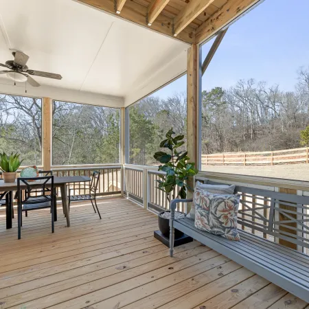 a deck with a table and chairs and a plant on it