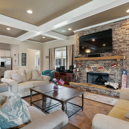 a living room with a fireplace