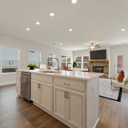 a kitchen with a wood floor
