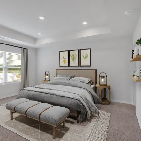 Modern bedroom with gray bedding, wooden bench, botanical prints, and neatly arranged shelves with decor.