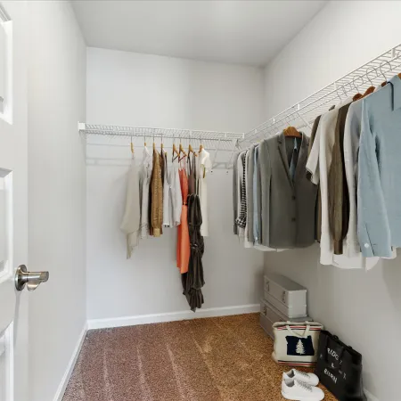 Organized walk-in closet with hanging clothes, storage boxes, and shoes on carpeted floor.