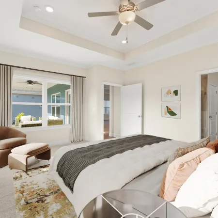 a bedroom with a bed and a fan
