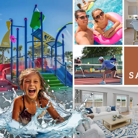 A vibrant collage featuring water activities, tennis, home interiors, and a playful dog, highlighting family fun.