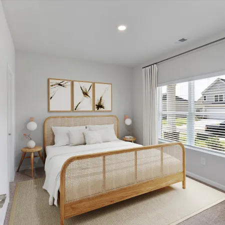 Bright bedroom with wooden rattan bed, white bedding, minimalist décor, large window with curtains, and indoor plant.
