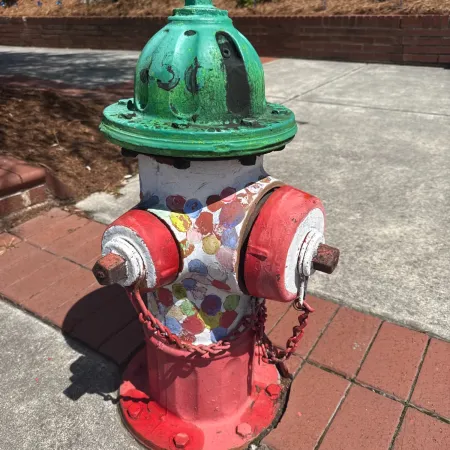 Colorful fire hydrant on a sidewalk, displaying whimsical paint patterns and a vintage design.
