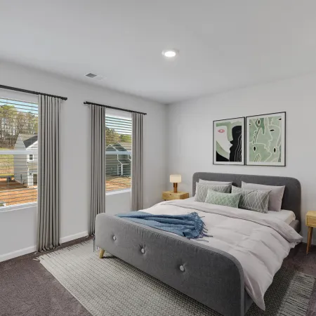 Modern bedroom with gray upholstered bed, abstract wall art, two windows with curtains, and wooden nightstands with lamps.