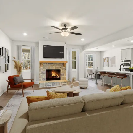 a living room with a fireplace