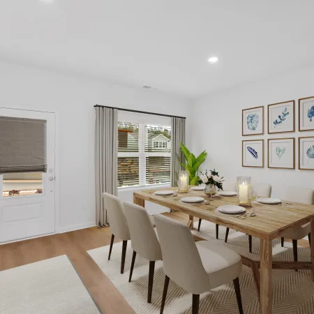 Bright modern dining room with wooden table, six beige chairs, wall art, and natural light from window.