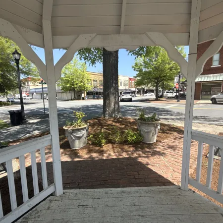 View from a gazebo showcasing trees, street, and shops in a downtown area with bright sunlight.