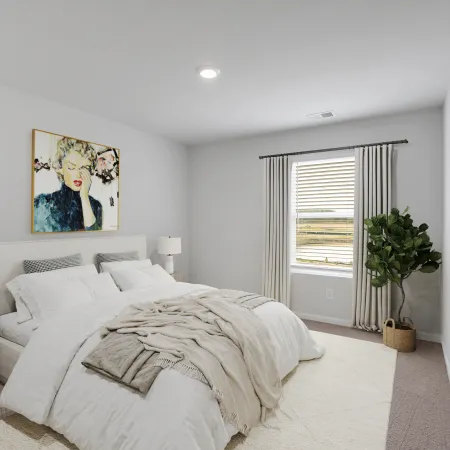 Stylish modern bedroom with cozy bedding, art piece, and natural light from window.