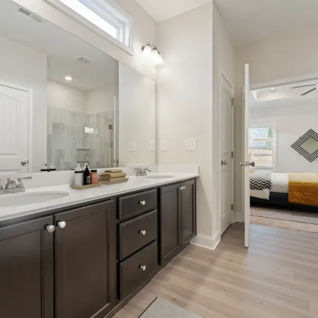 a bathroom with a large mirror