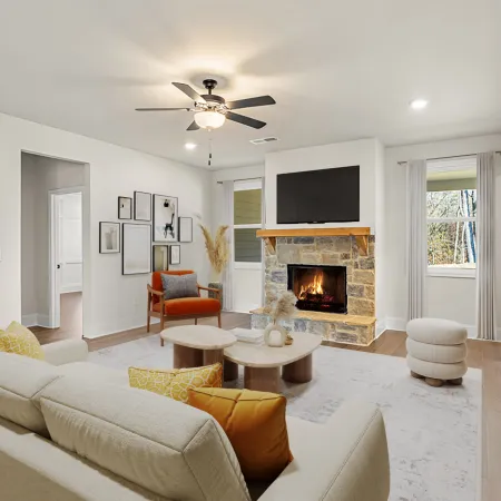 a living room with a fireplace