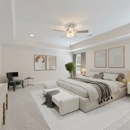 a bedroom with a bed and a fan