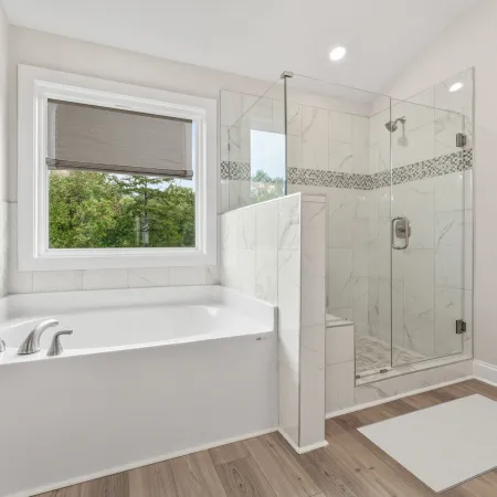 a bathroom with a glass shower
