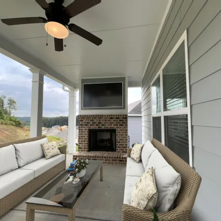 a living room with a fireplace