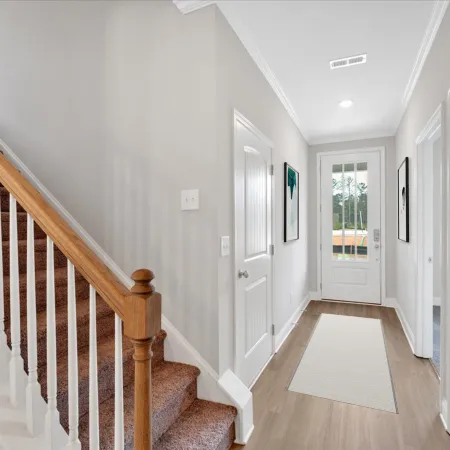Bright hallway with beige rug, white doors, gray walls, and carpeted wooden staircase with white spindles.
