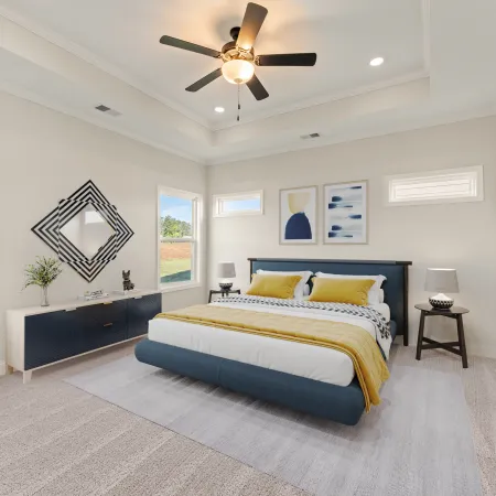 a bedroom with a large window