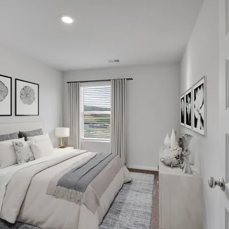 Modern bedroom with neutral tones, king-size bed, abstract wall art, and window with light gray curtains.