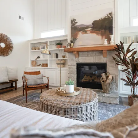 a living room with a fireplace