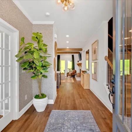 Bright modern hallway with wooden floor, potted plant, patterned rug, and glass double doors.