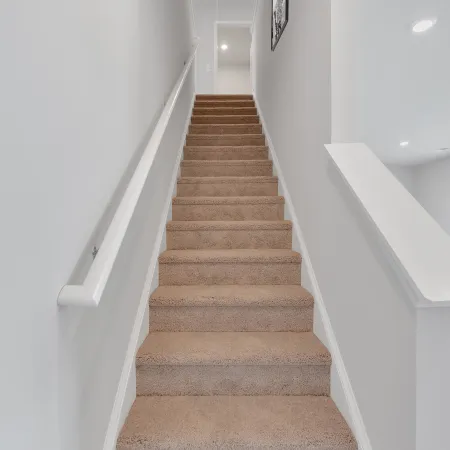 Carpeted staircase with beige steps, white walls, handrail, and a framed picture on the right wall under ceiling lights.