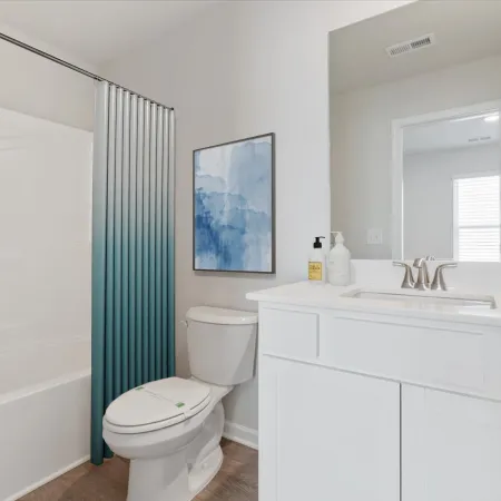 Bright bathroom with white vanity, toilet, bathtub with blue gradient shower curtain, and blue wall art.