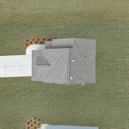 Aerial view of a residential house with a well-maintained lawn and concrete driveway.