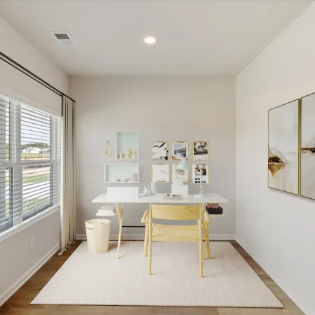 Minimalist home office with a white desk, wooden chair, abstract wall art, and large window with beige curtains.