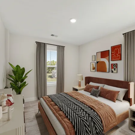 a bedroom with a bed and a table