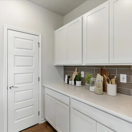 Modern kitchen pantry with white cabinets, brown tiled backsplash, and countertop accessories including plants and jars.