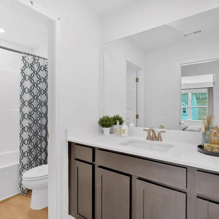 Modern bathroom with white countertop, dark wood cabinets, large mirror, and bathtub with patterned shower curtain.