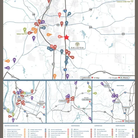 Map of Salacoa and surrounding areas with key locations, parks, schools, and travel times to nearby cities.