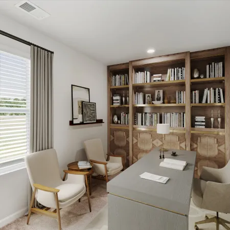Bright home office with large window, gray desk, beige chairs, wooden bookshelves, and modern decor.
