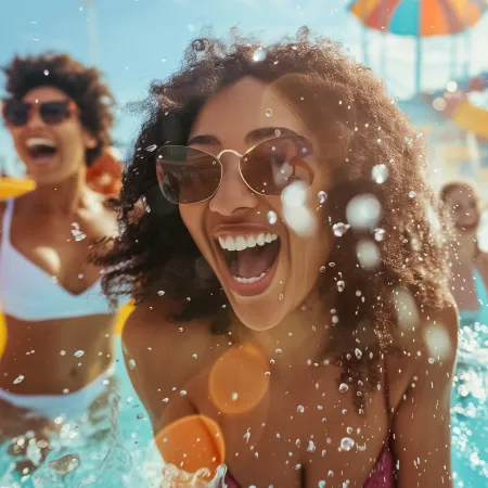 Group of friends laughing and splashing water in a sunny water park with colorful slides in the background