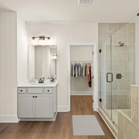 a bathroom with a glass shower