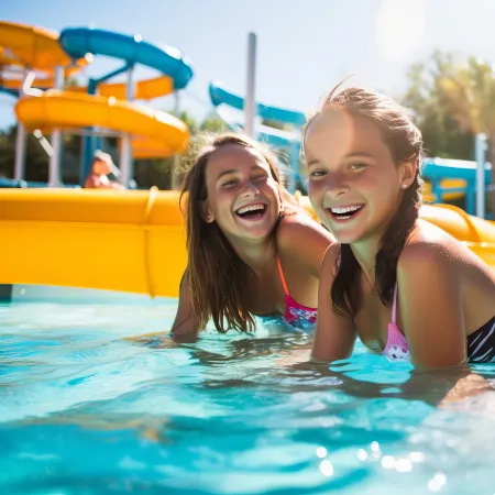 Two smiling girls enjoying a sunny day swimming in a pool with colorful water slides in the background.
