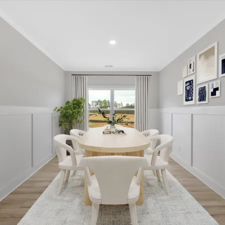 Modern dining room with light wood table, six beige chairs, artwork on walls, and window with curtains