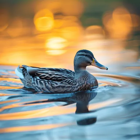 A serene mallard duck glides across a shimmering water surface at sunset.
