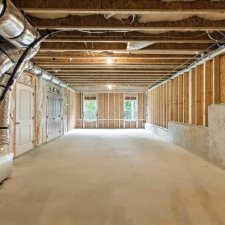 Empty unfinished basement with exposed beams, ductwork, concrete floor, and two windows at the far end.